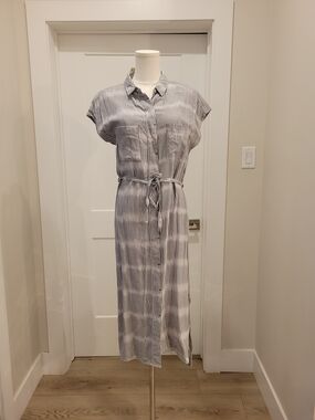 New Kavu White and Grey Striped Midi Shirt Dress, Size M